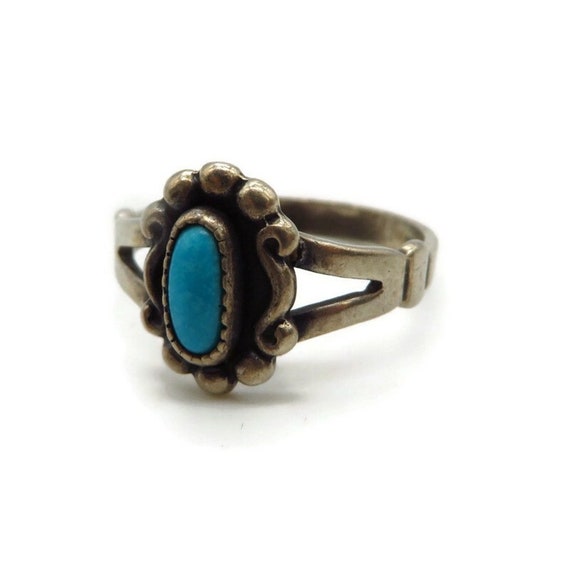Sterling Silver Turquoise Ring, 1970's Navajo Flo… - image 4