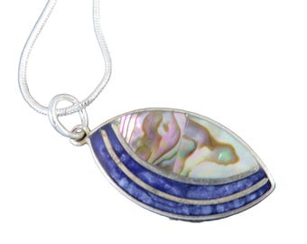 Vintage Necklace with Abalone Shell and Blue Enamel Pendant