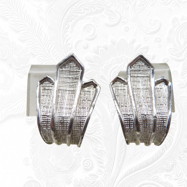 Art Deco Silver Tone Earrings, Vintage Marboux Clip-ons