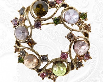 Monet Circle Brooch Multi Color Rhinestone Gold Tone Pin Vintage Monet Jewelry