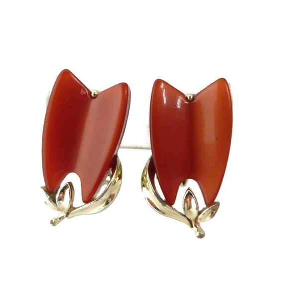 Vintage Lisner Earrings, Brown Lucite Tulip Shape 
