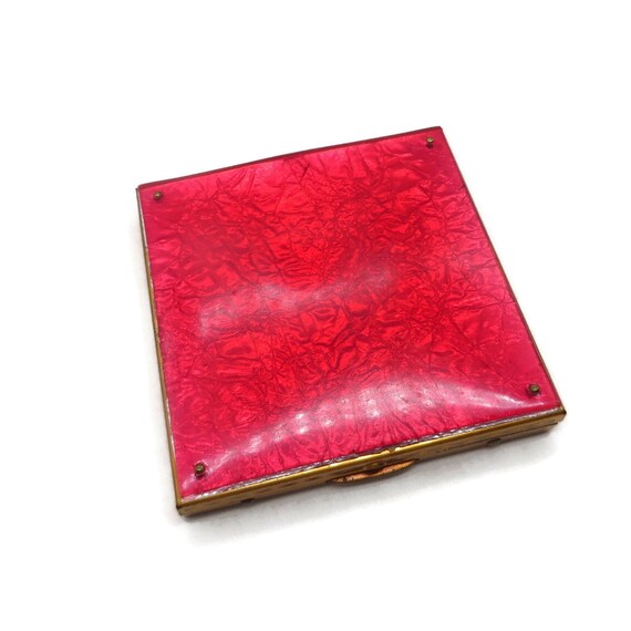Vintage Compact, Large Iridescent Red Top Makeup … - image 6