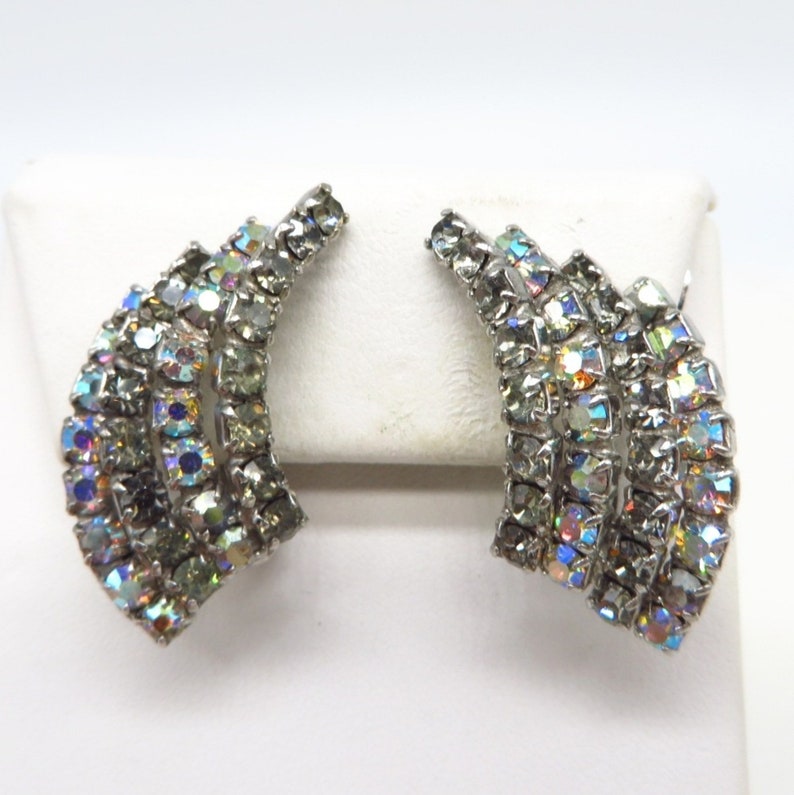 Kramer AB Rhinestone Earrings Vintage Silver Tone Curved Etsy