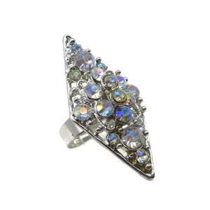 AB Rhinestone Cocktail Ring Adjustable Fashion Ring Party Jewelry New Old Stock Size 8