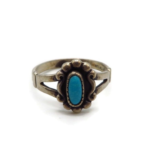 Sterling Silver Turquoise Ring, 1970's Navajo Flo… - image 2