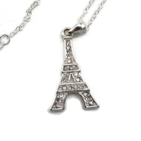 Eiffel Tower Pendant Necklace, Rhinestone Studded Pendant, Sterling Silver Chain Necklace