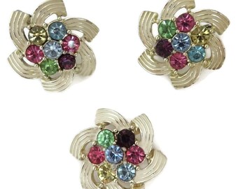 Sarah Coventry Color Spray Jewelry Set, Small Rhinestone Studded Brooch and Clip-on Earrings, Mothers Day Gift