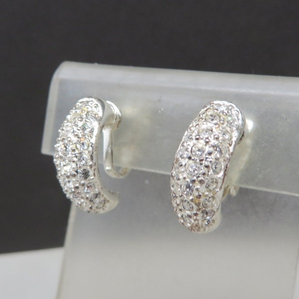 Rhinestone Half Hoop Earrings signed ROMAN Clip-ons Vintage Jewelry