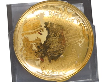 Vintage Etched British Compact Souvenir London Sights Makeup Case Faded Top Etching