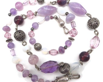Vintage Oscar de la Renta Necklace, Purple and Silver Tone Bead Design