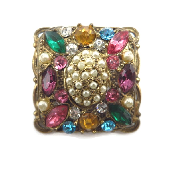 Karu Multi-Color Gold Tone Brooch, Colorful Glass Beads and Faux Pearls Pin