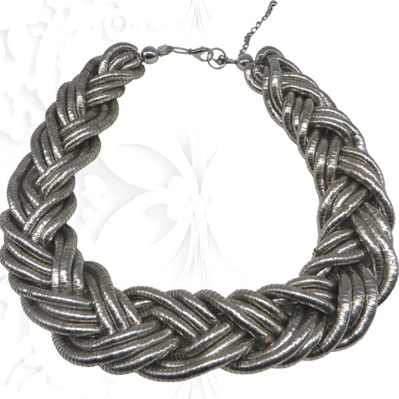 Vintage Chunky Braided Necklace, Silver Tone Chok… - image 5