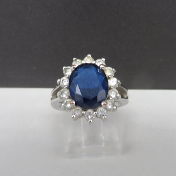 Vintage Sapphire Blue Glass Halo Ring Size 6 - image 3