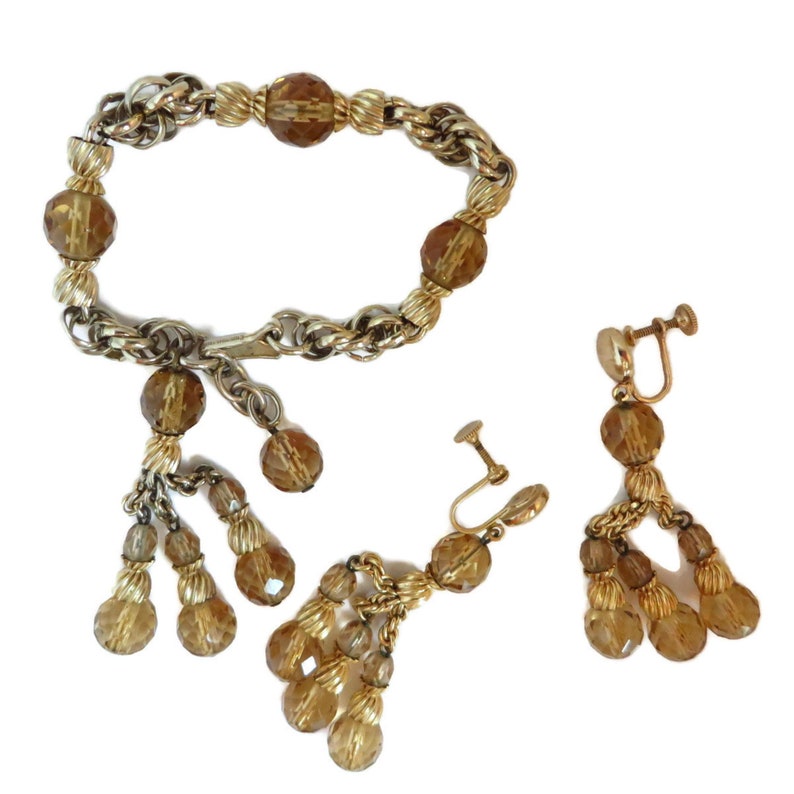 Designer Signed Jewelry Amber Crystal Gold Tone Demi Parure Vintage EISENBERG Bracelet Earrings Set