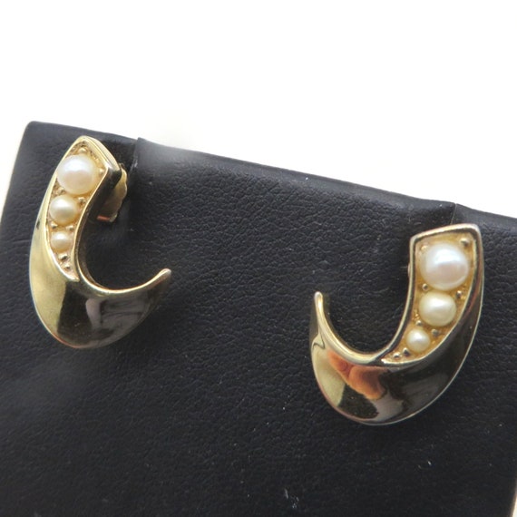 Trifari Pierced Earrings, Faux Pearl Gold Tone St… - image 1