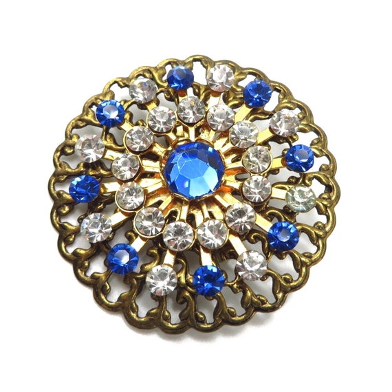 Vintage Pinwheel Brooch, Blue and Clear Rhinestone