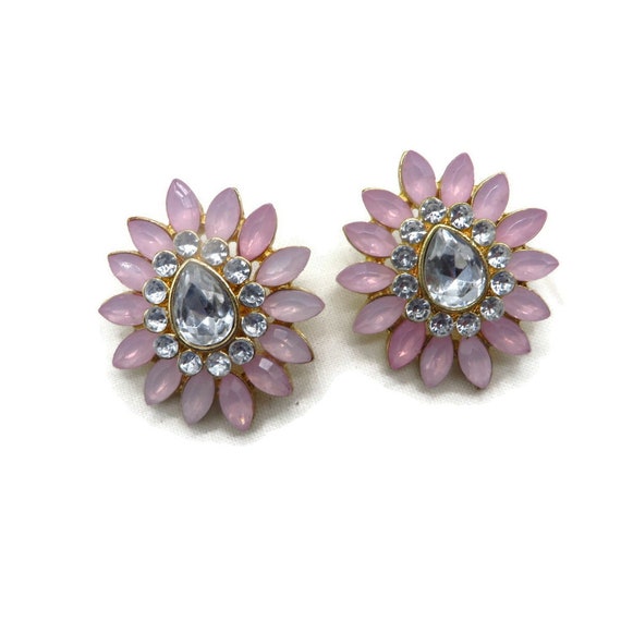 Vintage Pink Flower Earrings, Clear Rhinestone Pin