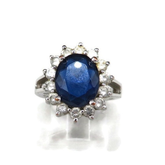Vintage Sapphire Blue Glass Halo Ring Size 6 - image 1