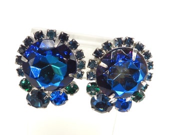 Vintage Blue Rhinestone Earrings, signed TARA Clip-ons