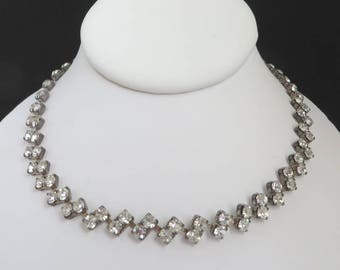 Vintage Rhinestone Choker, Mid Century Silver Tone Necklace