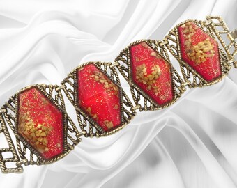 Vintage SELRO Red Panel Bracelet, Lucite Confetti Bracelet, Designer Jewelry
