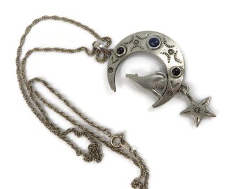 JJ Celestial Pendant Necklace - Vintage Moon & Stars Howling Wolf Pendant, Chain Link Necklace