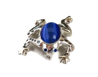 Vintage Frog Brooch, AAI Blue Moonstone Rhinestone Studded Pin