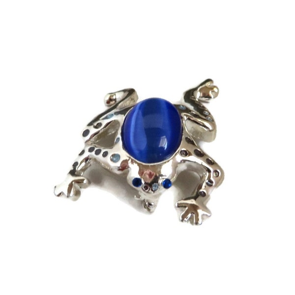 Vintage Frog Brooch, AAI Blue Moonstone Rhinestone Studded Pin