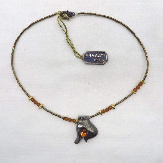 Vintage Brown Bead Pendant Necklace, Fragati Bijo… - image 3