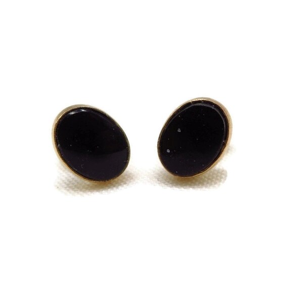 Vintage 14K Gold Onyx Earrings, Oval Pierced Studs - image 4