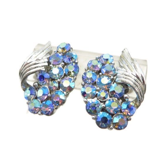 Vintage Coro Blue Rhinestone Earrings, AB Rhinest… - image 3