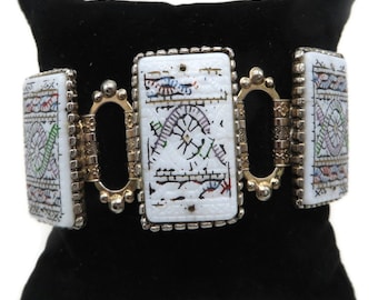 Selro White Moroccan Tile Panel Bracelet, Book Chain Link Vintage Jewelry