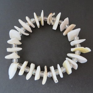 Puka Shell and Bead Bracelet, Island Jewelry, White Shells and Clear Beads Stretch Bracelet