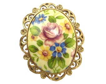 Vintage Brooch, Colorful Flowers Pin, Oval Gold Tone Floral Design Brooch