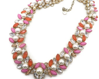 Chunky Beaded Necklace, Pink and Orange Beads Faux Pearls Rhinestone Collar Necklace, Vintage Jewelry