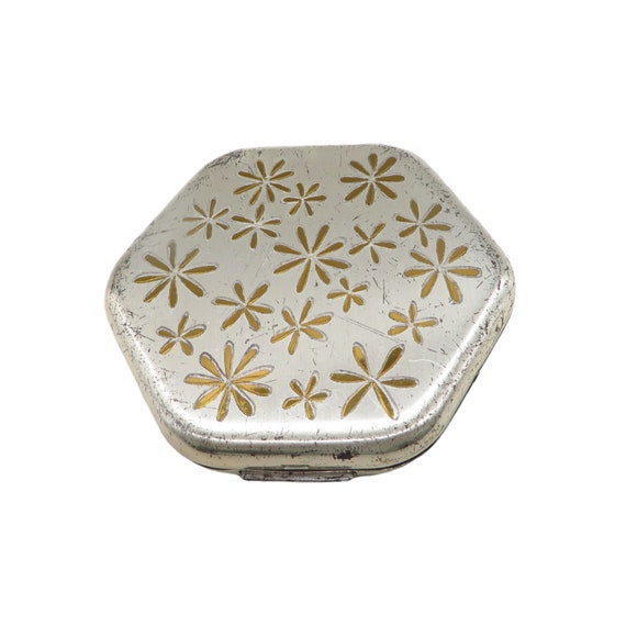 Vintage Compact Pilcher Hexagonal Silver Tone Flo… - image 2