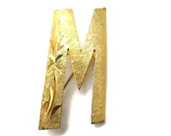 Mamselle Initial M Brooch, Vintage Matte Gold Tone Letter M Pin