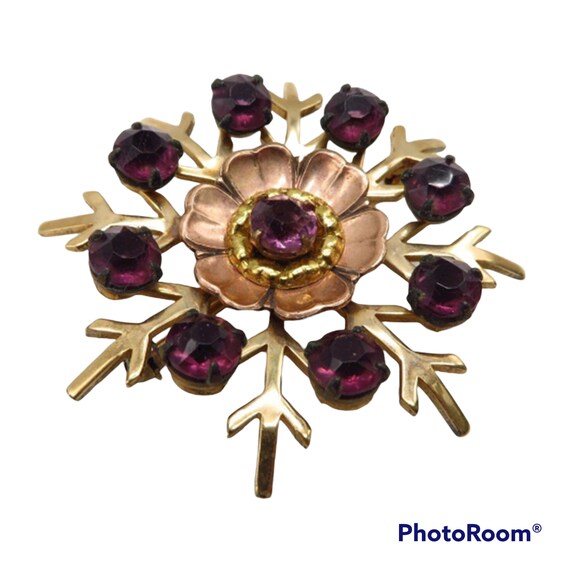 Vintage Purple Rhinestone Brooch, Gold Filled Flo… - image 3