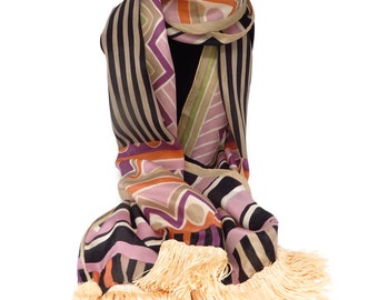 Oscar de la Renta Silk Scarf Chevrons and Stripes Multi-Color Fringed Scarf or Sash, 1970s Vintage