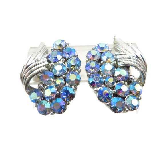Vintage Coro Blue Rhinestone Earrings, AB Rhinest… - image 4