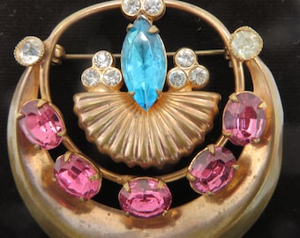 Art Deco Rhinestone Brooch Pendant: Rose Gold Collectible Jewelry
