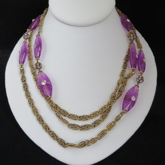 HATTIE CARNEGIE Long Necklace Vintage Purple Bead & S Chain | Etsy