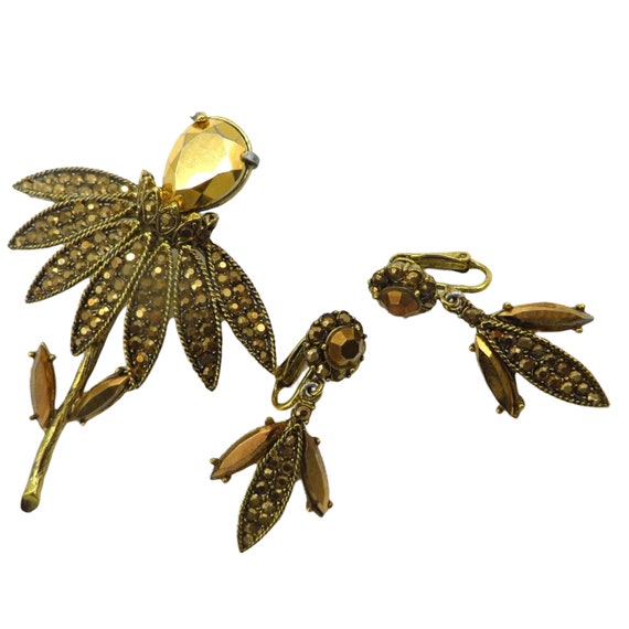 Hollycraft Brooch and Earrings Set Golden Rhinest… - image 1