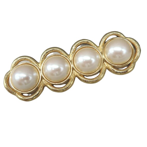 Vintage Bar Brooch, Monet Faux Pearl Gold Tone Pin - image 1