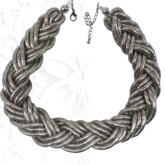 Vintage Chunky Braided Necklace, Silver Tone Chok… - image 4