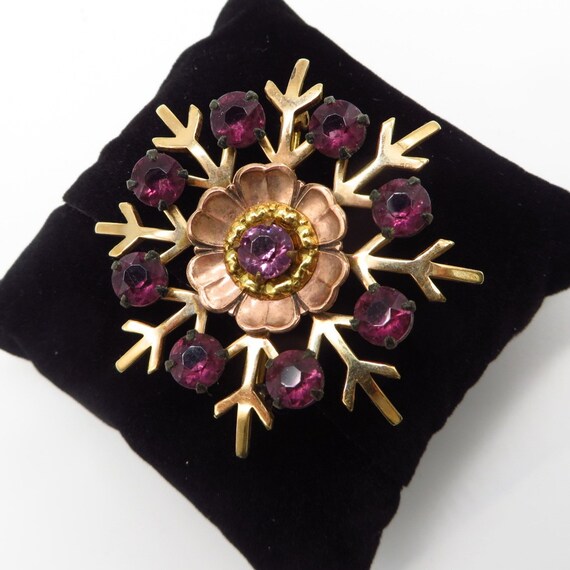 Vintage Purple Rhinestone Brooch, Gold Filled Flo… - image 2