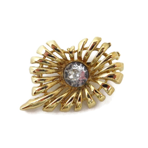 Vintage Rhinestone Center Gold Tone Spiky Flower … - image 4