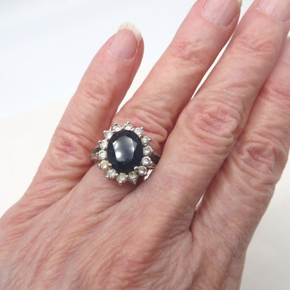 Vintage Sapphire Blue Glass Halo Ring Size 6 - image 2