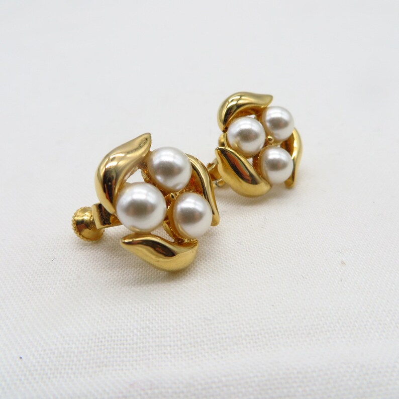 Vintage Napier Earrings Small Faux Pearl Gold Tone Clip-ons image 2