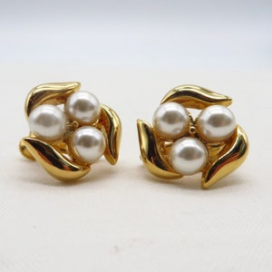 Vintage Napier Earrings Small Faux Pearl Gold Tone Clip-ons image 1